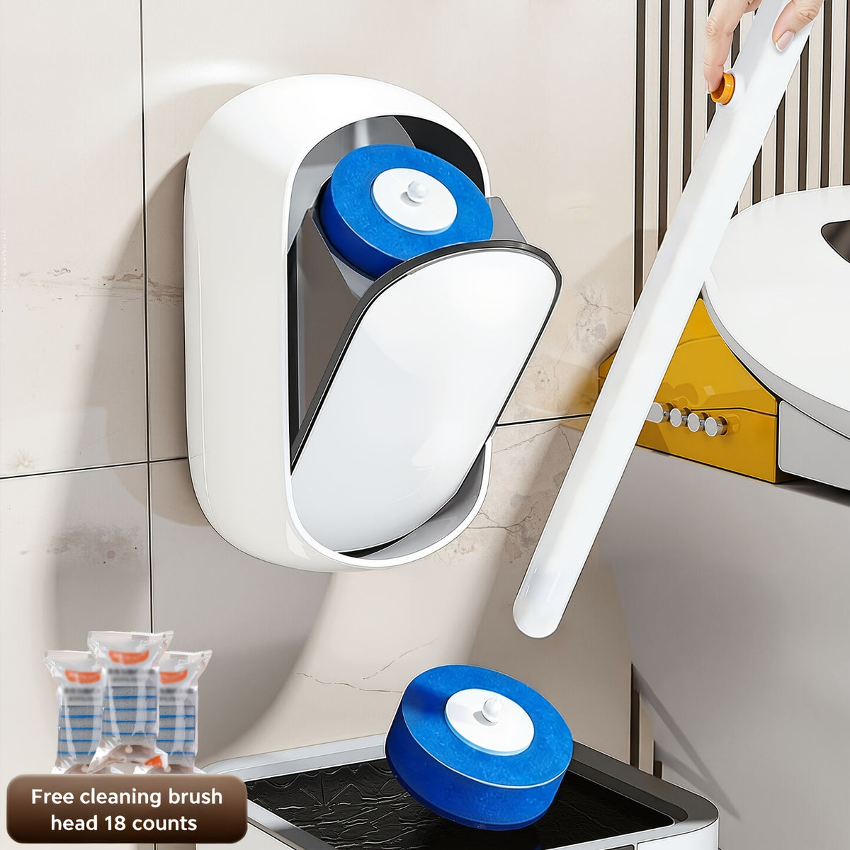 Disposable Toilet Bowl Cleaning Wand – No-Touch Toilet Brush Set with Storage Caddy & 6 Refill Heads