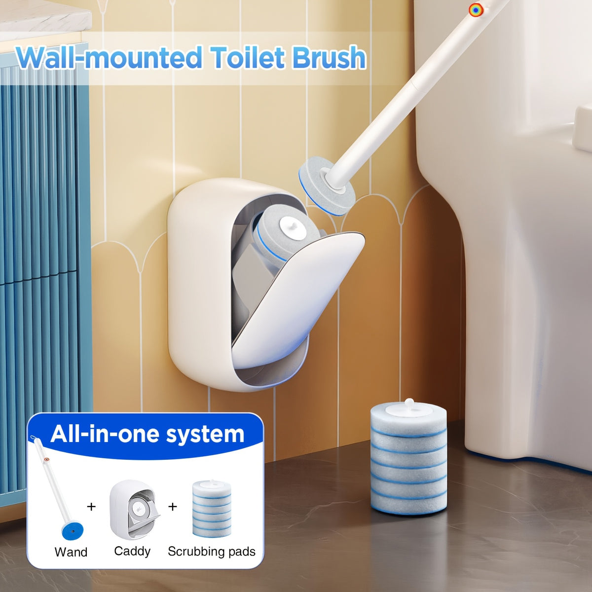 Disposable Toilet Bowl Cleaning Wand – No-Touch Toilet Brush Set with Storage Caddy & 6 Refill Heads